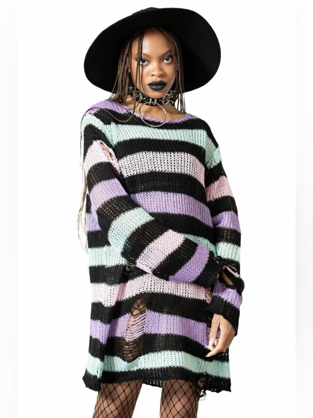 KILLSTAR Unisex Licorice Pastel Striped Distressed Knit Sweater Tunic Size XS